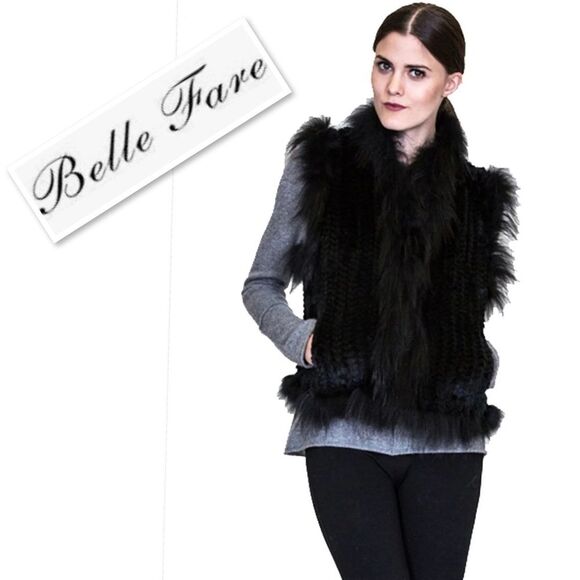 BELLE FARE COPENHAGEN KNIT REAL REX FUR VEST WITH RACCOON TRIM IN BLACK Size S - Picture 1 of 11